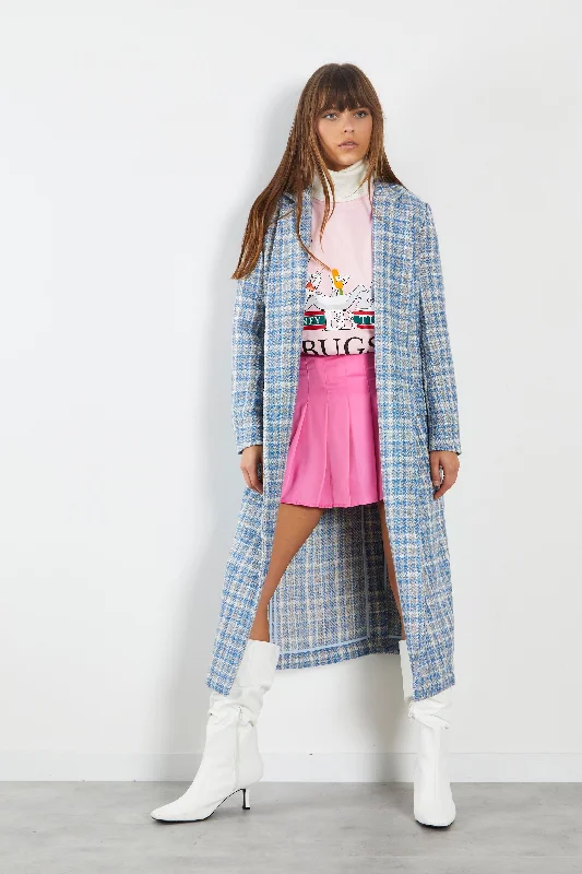 Glamorous Blue Grey Check Longline Coat with Front Pockets