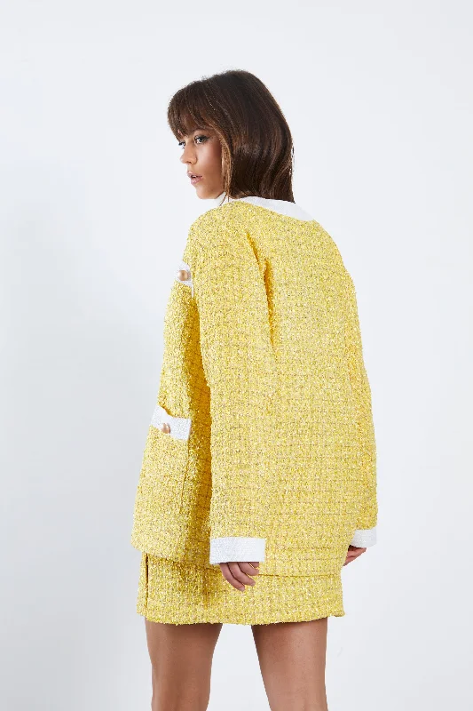 Glamorous Yellow Tweed White Oversized Blazer with Contrast Trim