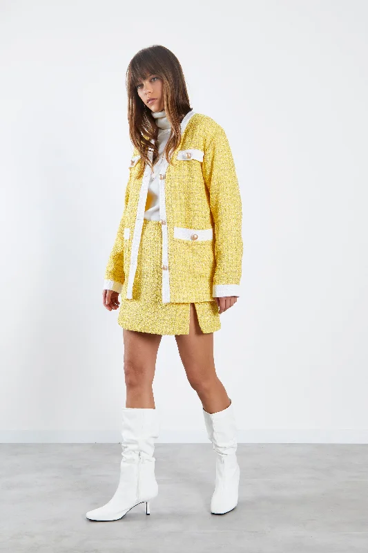 Glamorous Yellow Tweed White Oversized Blazer with Contrast Trim