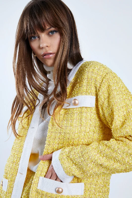 Glamorous Yellow Tweed White Oversized Blazer with Contrast Trim