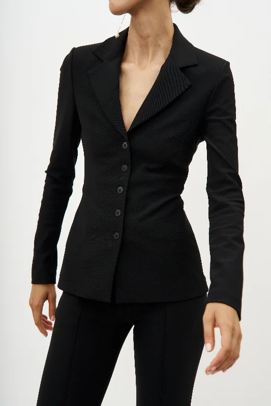 Longline Knit Buttoned Black Blazer