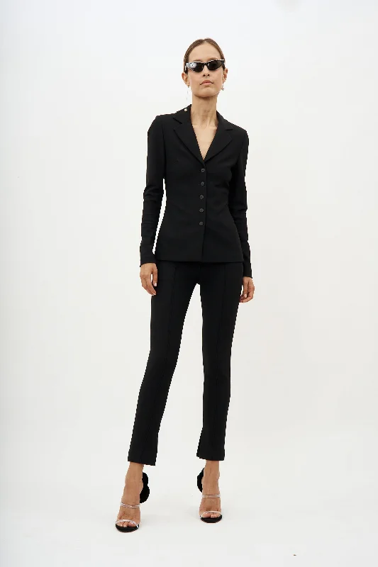 Longline Knit Buttoned Black Blazer