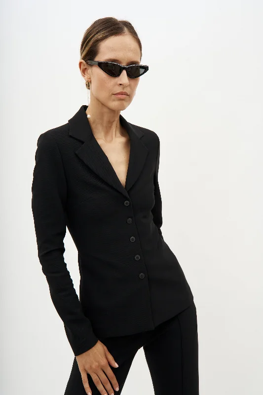 Longline Knit Buttoned Black Blazer