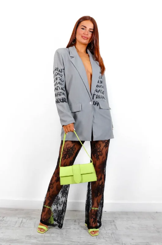 Not Your Business - Greys Oversized Slogan Sleeve Blazer