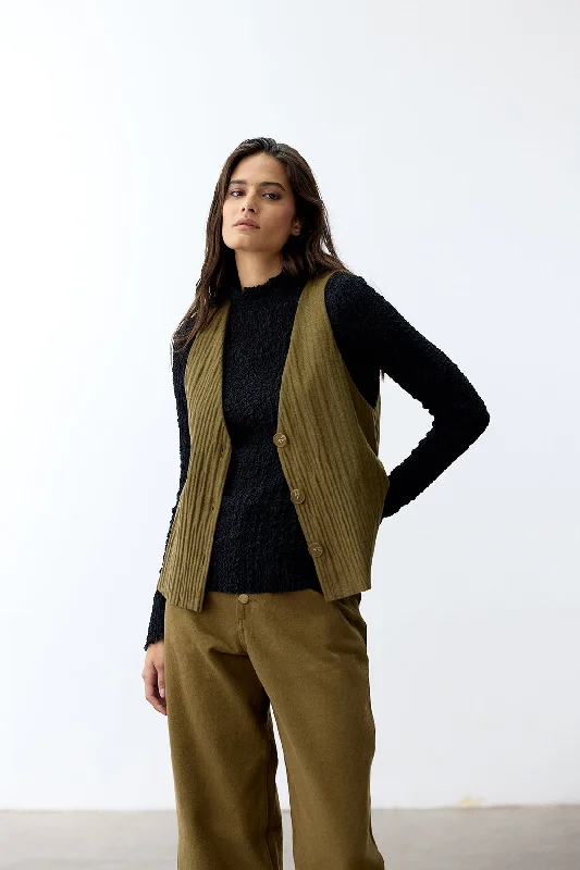 Recycled Wool Pleated Vest - Oliva