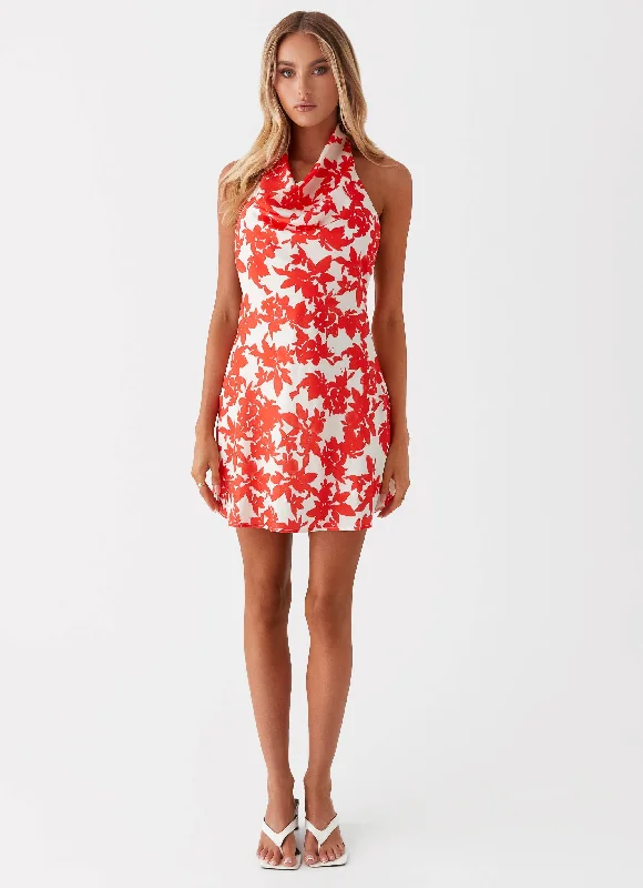 Carmine Bouquet Cowl Neck Mini Dress - Red Floral