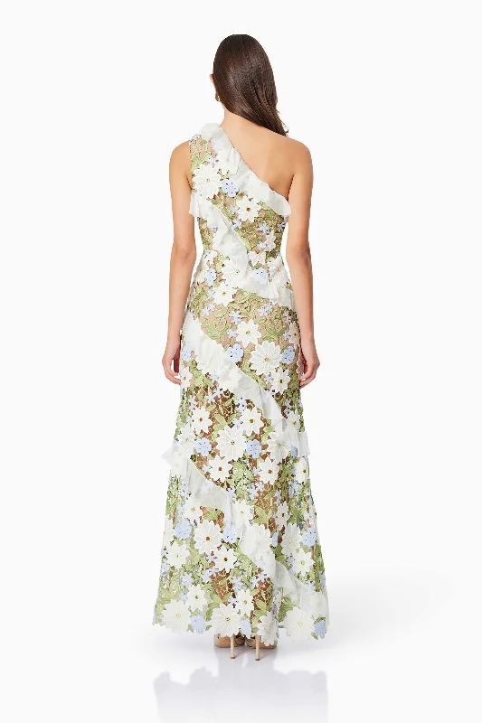 Flora One Shoulder Lace Maxi Dress in Green