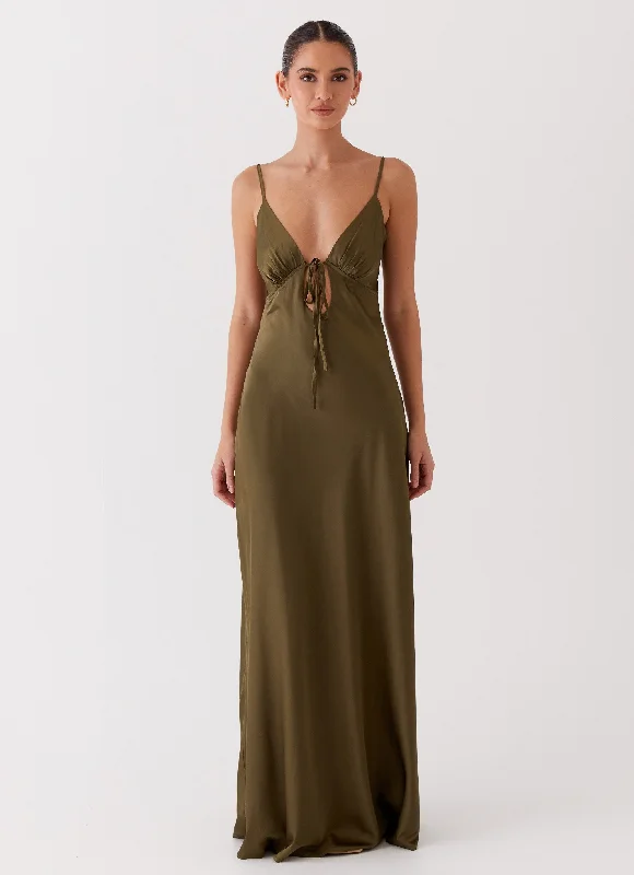 Flora Satin Maxi Dress - Khaki