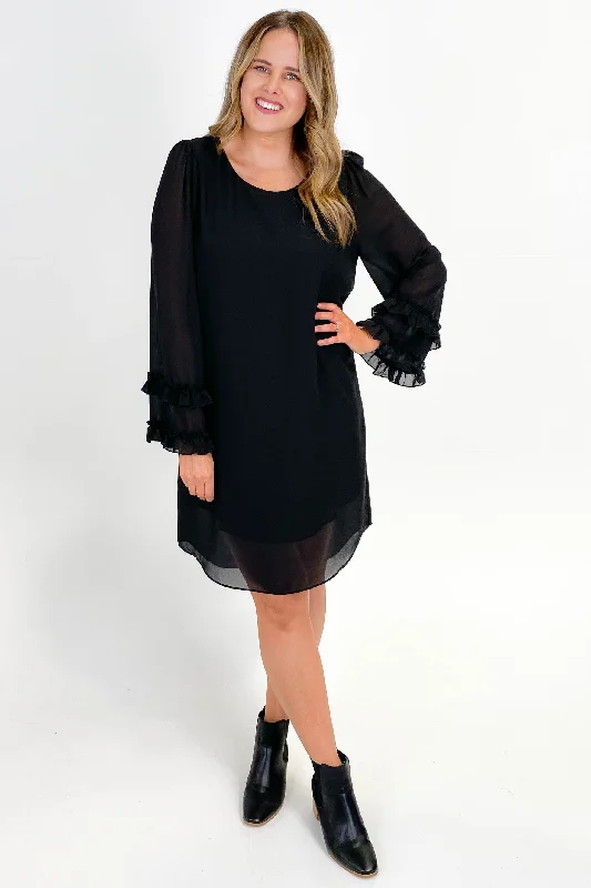 Gloss by Shine On Kinsley Double Frill Sleeve Dress Black