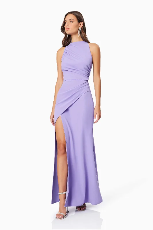 Jade High Neckline Fitted Maxi Dress In Purple