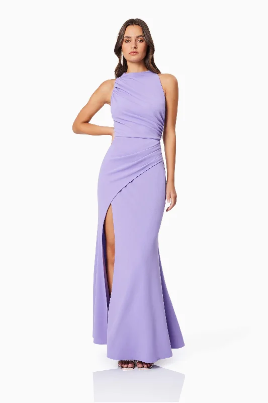 Jade High Neckline Fitted Maxi Dress In Purple