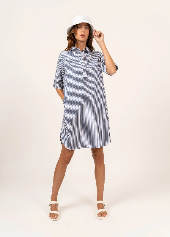 Léonie shirt dress - short sleeves, with pockets (BLANC/BLEU)