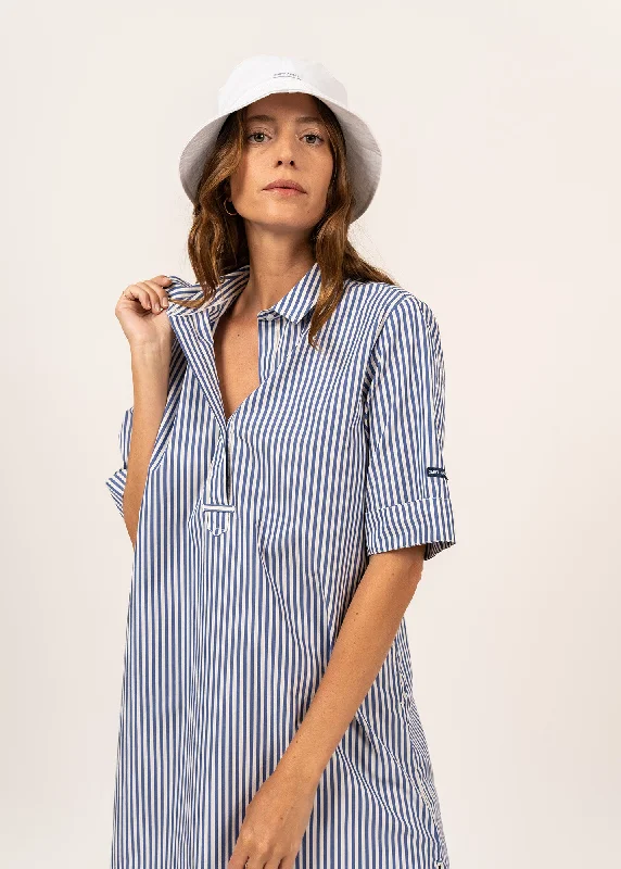 Léonie shirt dress - short sleeves, with pockets (BLANC/BLEU)