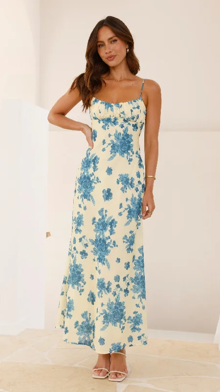 Margie Midi Dress - Yellow / Blue Floral