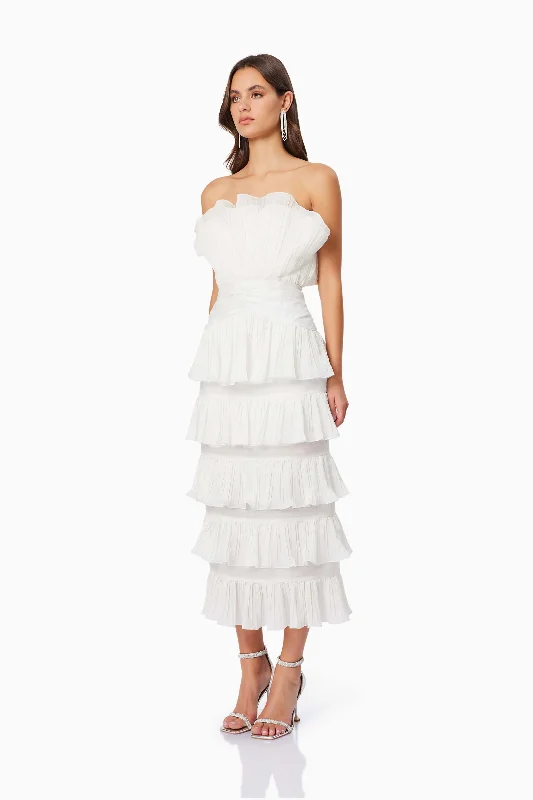 Maya Pleated Midi Dress in White