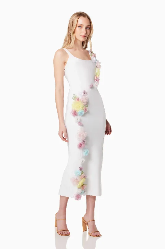 Motif 3D Floral Midi Dress In White