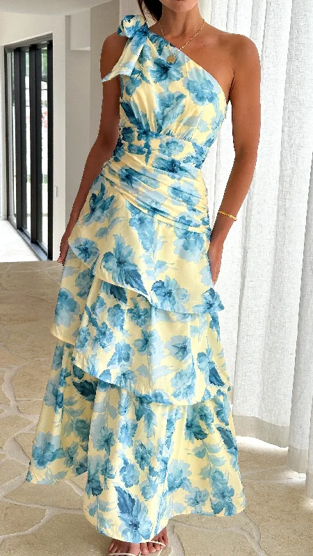 Odilie One Shoulder Maxi Dress - Yellow/Blue Floral