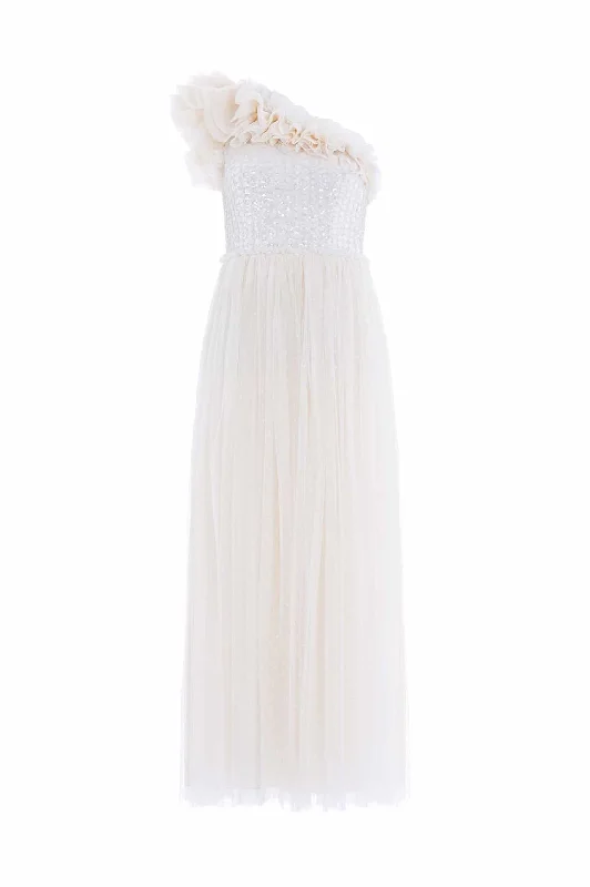 Raindrop Bodice One-Shoulder Ankle Gown