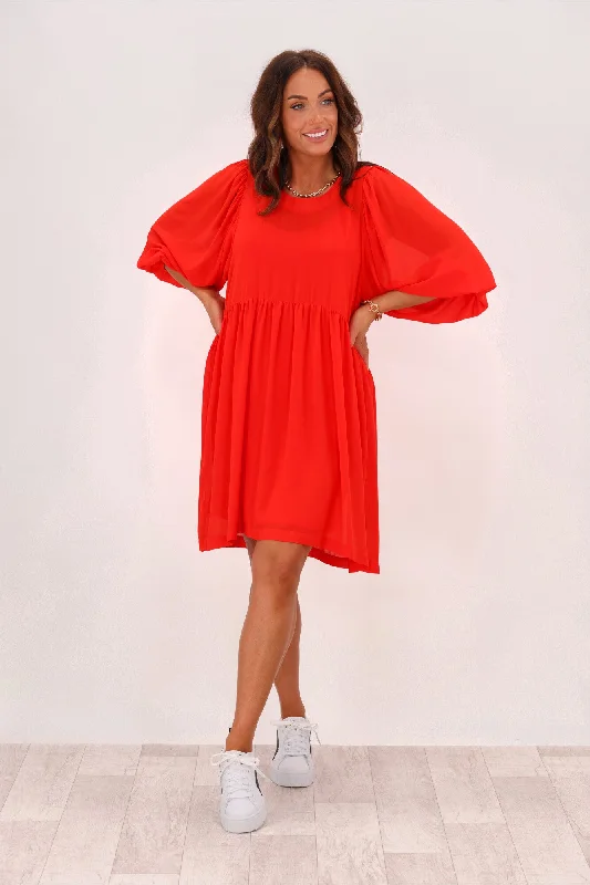 Shine On Label Kristina Gathered Sleeve Dress Coral