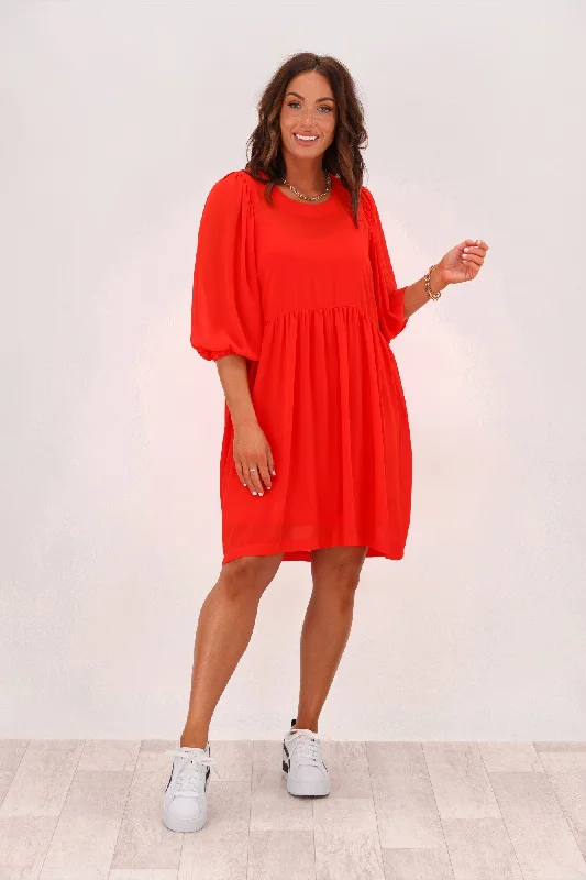 Shine On Label Kristina Gathered Sleeve Dress Coral