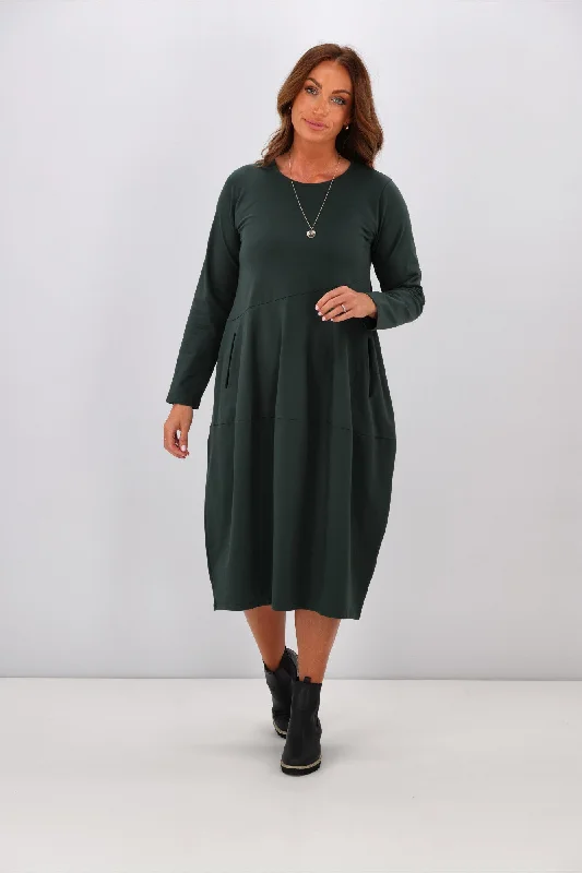 Tirelli L/S Diagonal Seam Dress Deep Green