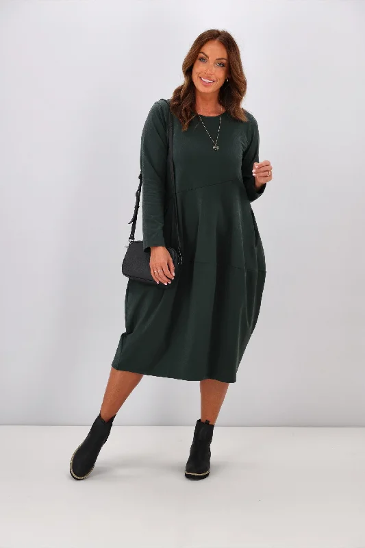 Tirelli L/S Diagonal Seam Dress Deep Green