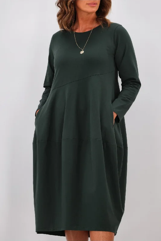 Tirelli L/S Diagonal Seam Dress Deep Green