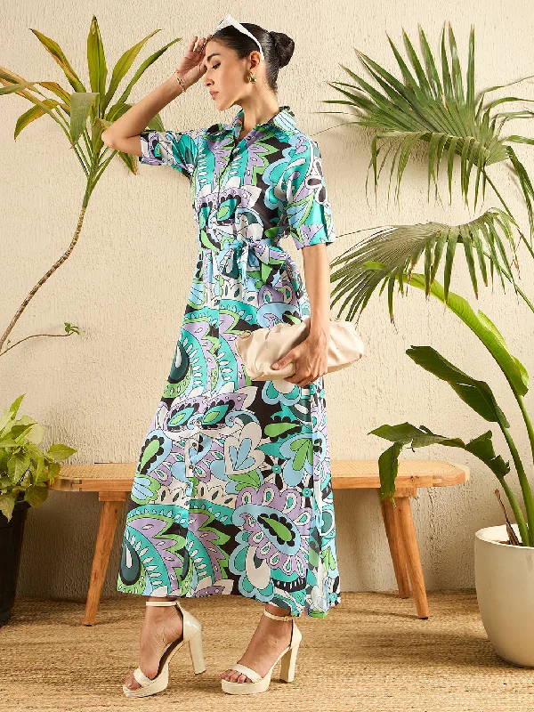 Collar Buttoned Down Printed Shirt Maxi Dress