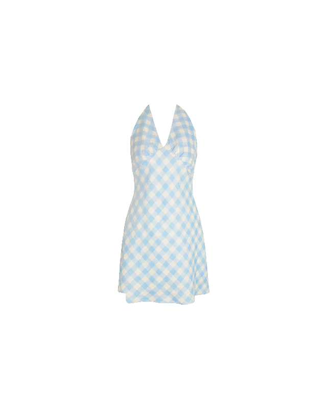 MORGAN LINEN MINI DRESS BLUE LINEN GINGHAM