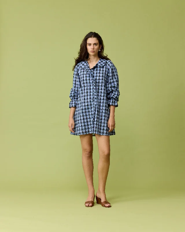 SANDLER LONG SLEEVE MINI DRESS BLUE TARTAN