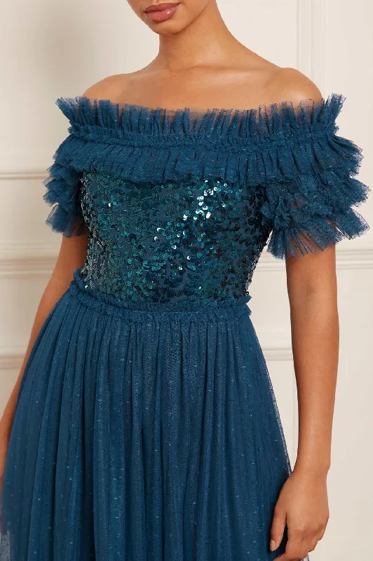 Sequin Wreath Bodice Off-Shoulder Ankle Gown