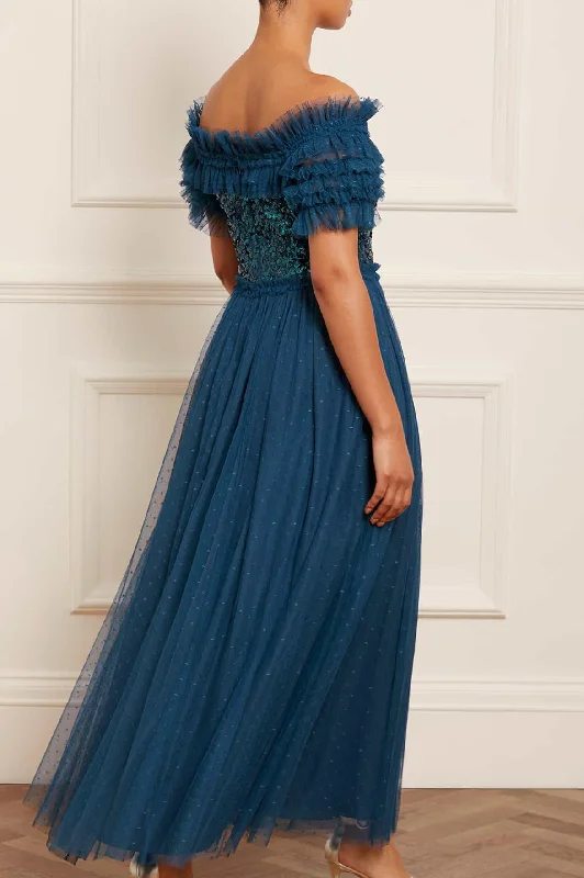 Sequin Wreath Bodice Off-Shoulder Ankle Gown